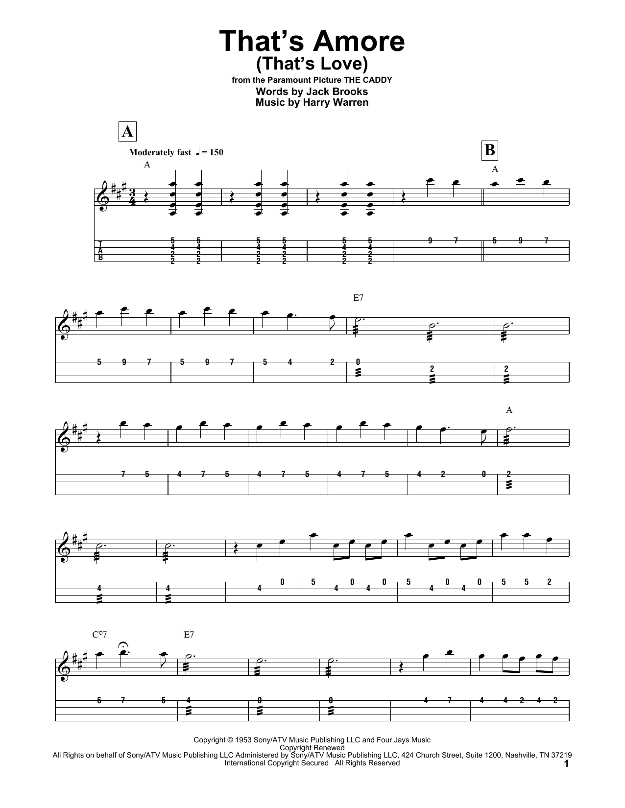 Jack Brooks That's Amore (That's Love) sheet music notes and chords arranged for Mandolin Tab