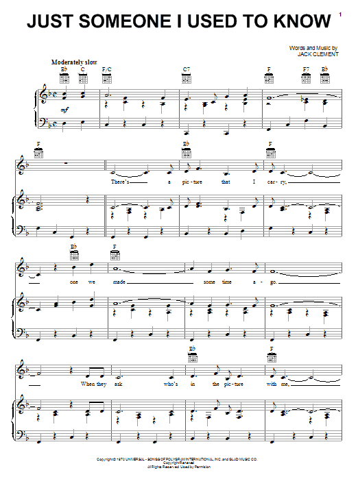 Jack Clement Just Someone I Used To Know sheet music notes and chords arranged for Piano, Vocal & Guitar Chords (Right-Hand Melody)
