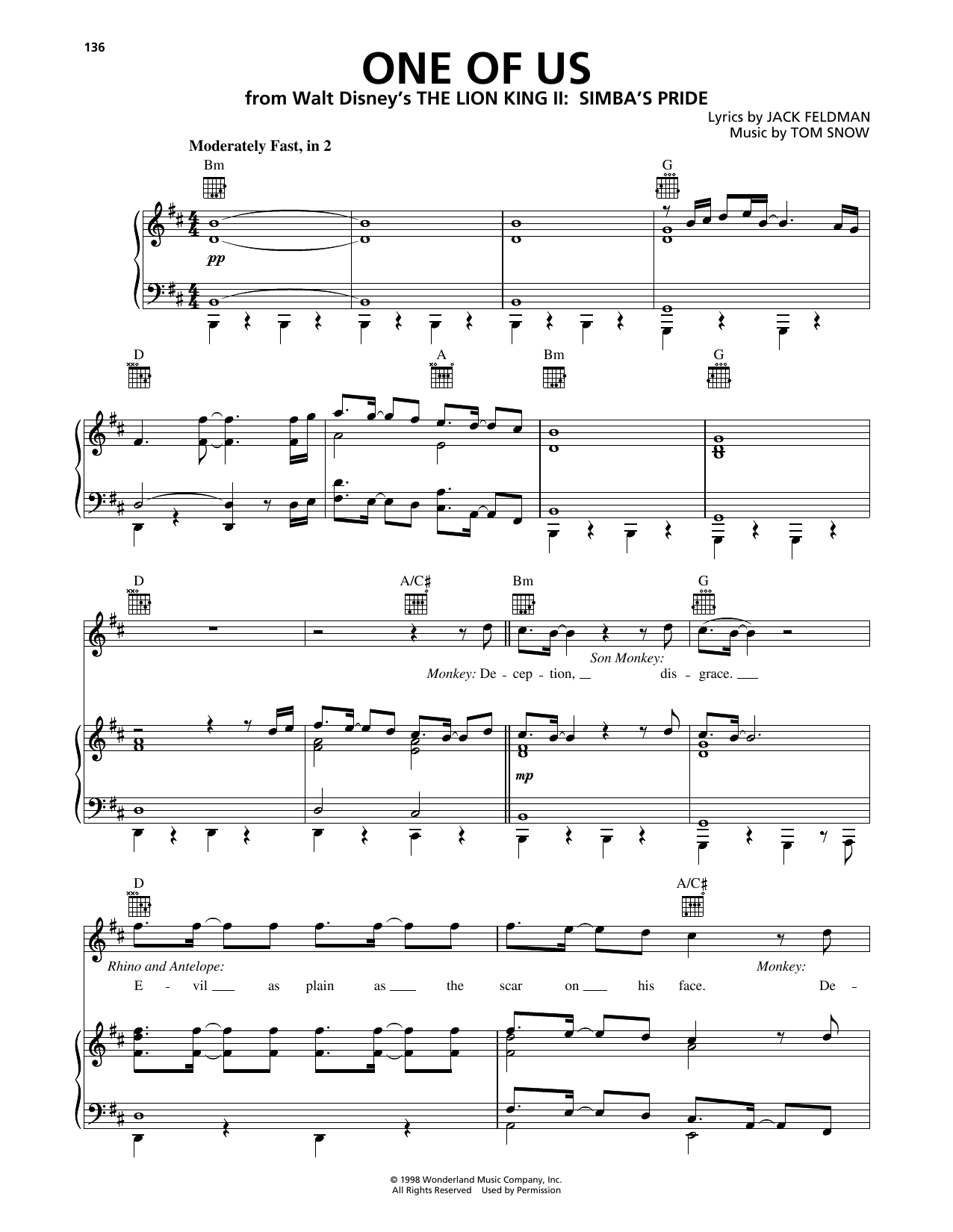 Jack Feldman One Of Us (from The Lion King II: Simba's Pride) sheet music notes and chords arranged for Piano, Vocal & Guitar Chords (Right-Hand Melody)