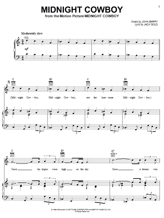 Jack Gold Midnight Cowboy sheet music notes and chords arranged for Piano, Vocal & Guitar Chords (Right-Hand Melody)