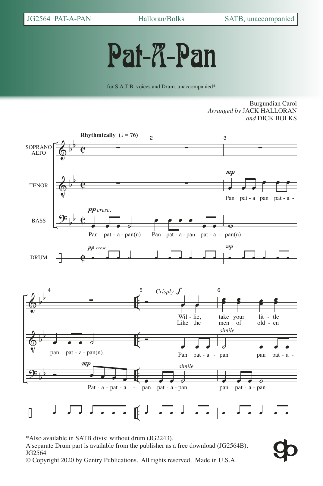 Jack Halloran & Dick Bolks Pat-a-Pan sheet music notes and chords arranged for SATB Choir