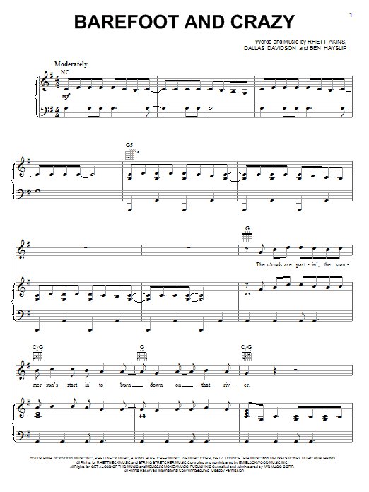 Jack Ingram Barefoot And Crazy sheet music notes and chords arranged for Piano, Vocal & Guitar Chords (Right-Hand Melody)