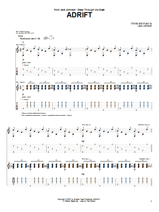 Jack Johnson Adrift sheet music notes and chords arranged for Piano, Vocal & Guitar Chords (Right-Hand Melody)