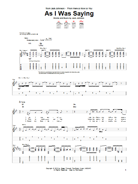 Jack Johnson As I Was Saying sheet music notes and chords arranged for Guitar Tab