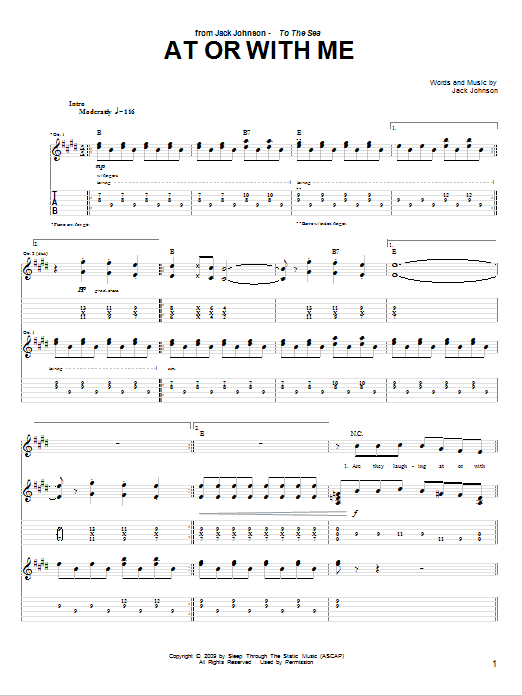 Jack Johnson At Or With Me sheet music notes and chords arranged for Guitar Tab