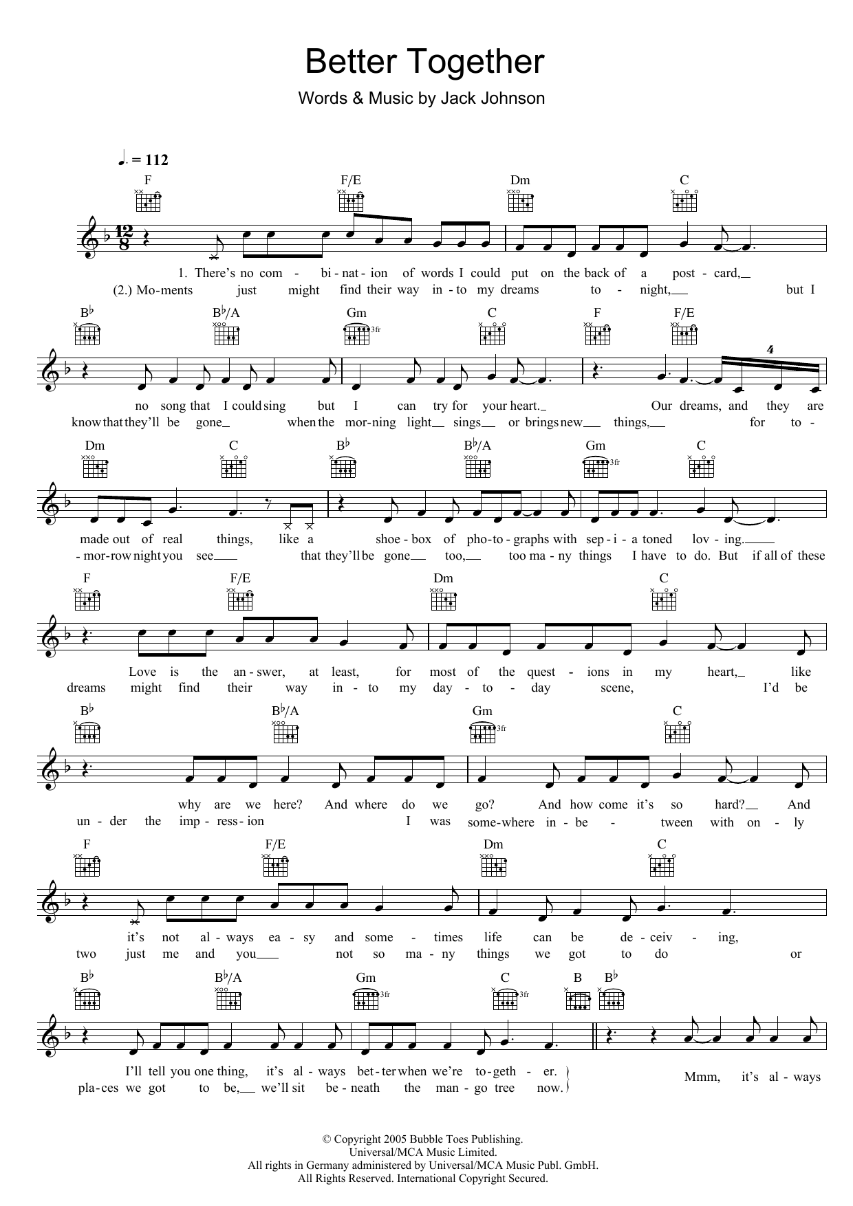 Jack Johnson Better Together sheet music notes and chords arranged for Piano, Vocal & Guitar Chords (Right-Hand Melody)
