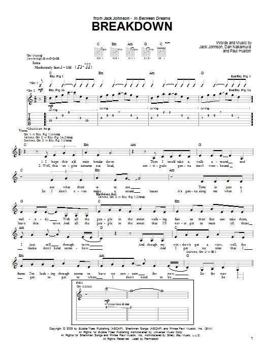 Jack Johnson Breakdown sheet music notes and chords arranged for Guitar Chords/Lyrics