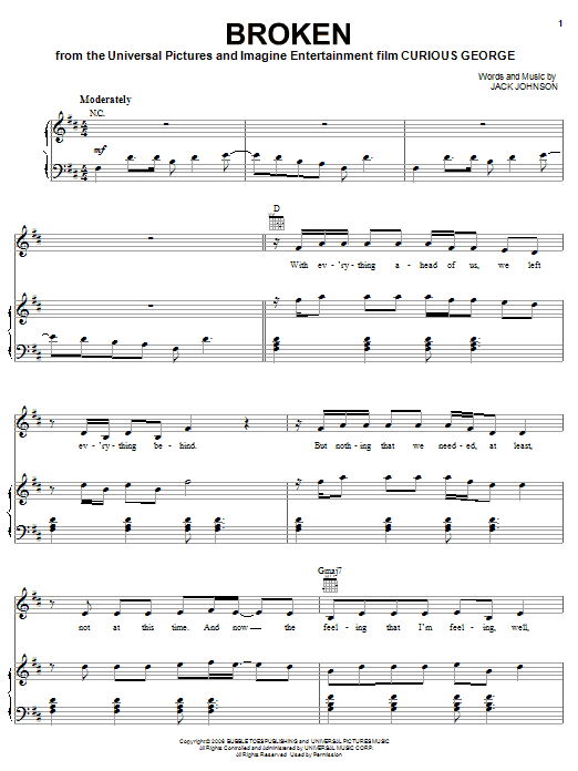 Jack Johnson Broken sheet music notes and chords arranged for Piano, Vocal & Guitar Chords (Right-Hand Melody)