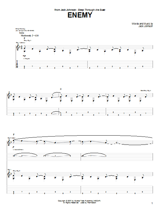 Jack Johnson Enemy sheet music notes and chords arranged for Guitar Tab