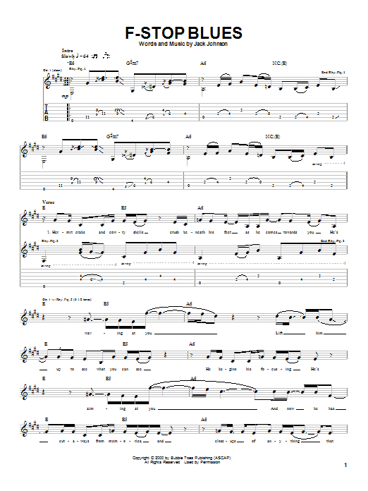 Jack Johnson F-Stop Blues sheet music notes and chords arranged for Piano, Vocal & Guitar Chords (Right-Hand Melody)