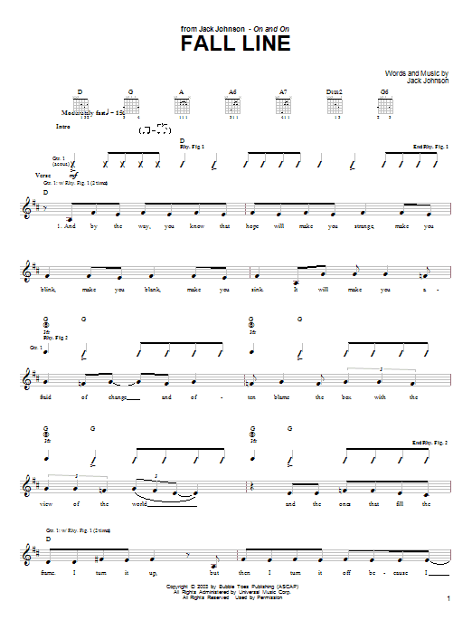 Jack Johnson Fall Line sheet music notes and chords arranged for Ukulele Chords/Lyrics