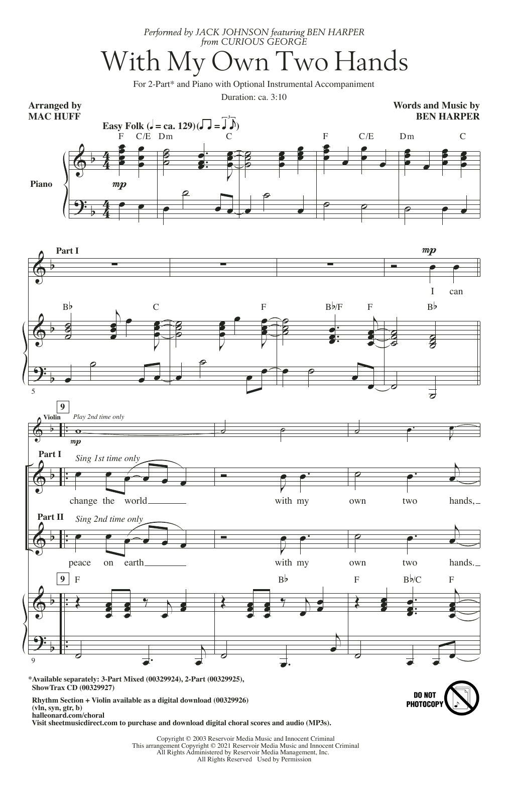 Jack Johnson feat. Ben Harper With My Own Two Hands (from Curious George) (arr. Mac Huff) sheet music notes and chords arranged for 3-Part Mixed Choir