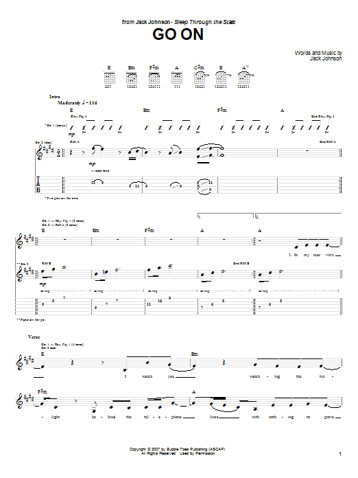 Jack Johnson Go On sheet music notes and chords arranged for Piano, Vocal & Guitar Chords (Right-Hand Melody)