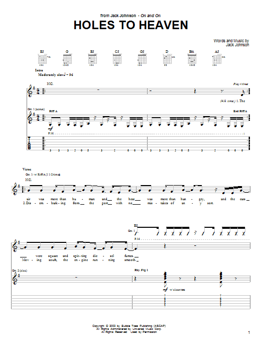 Jack Johnson Holes To Heaven sheet music notes and chords arranged for Guitar Chords/Lyrics