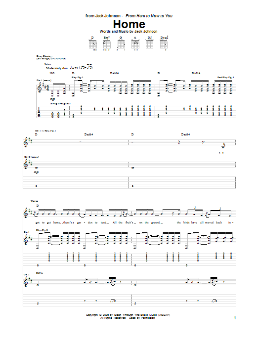 Jack Johnson Home sheet music notes and chords arranged for Guitar Tab