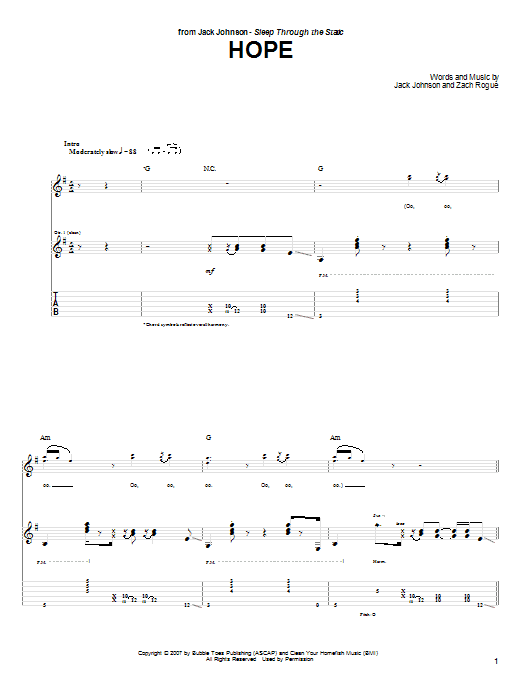 Jack Johnson Hope sheet music notes and chords arranged for Guitar Tab