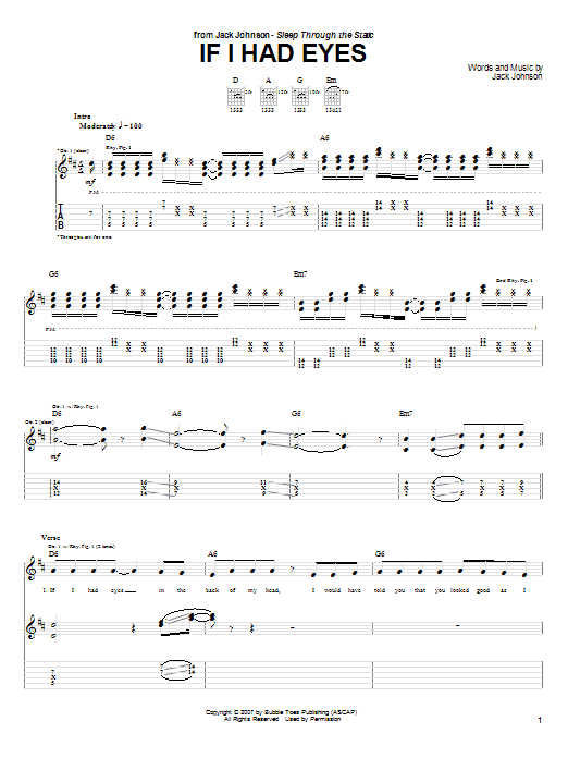 Jack Johnson If I Had Eyes sheet music notes and chords arranged for Guitar Tab (Single Guitar)