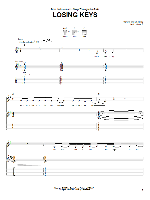 Jack Johnson Losing Keys sheet music notes and chords arranged for Guitar Tab