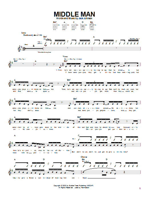 Jack Johnson Middle Man sheet music notes and chords arranged for Guitar Chords/Lyrics