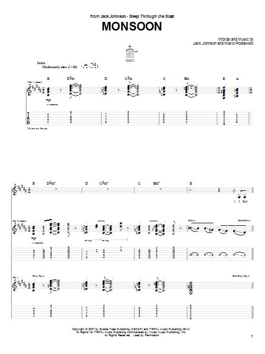 Jack Johnson Monsoon sheet music notes and chords arranged for Piano, Vocal & Guitar Chords (Right-Hand Melody)