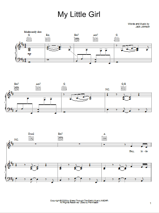 Jack Johnson My Little Girl sheet music notes and chords arranged for Piano, Vocal & Guitar Chords (Right-Hand Melody)
