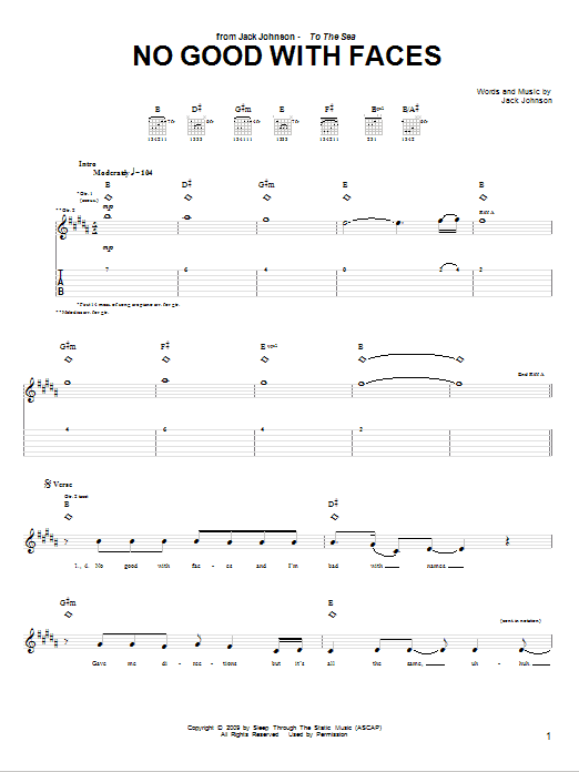 Jack Johnson No Good With Faces sheet music notes and chords arranged for Guitar Tab