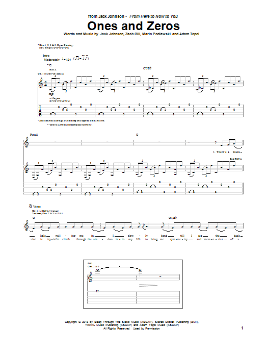 Jack Johnson Ones And Zeros sheet music notes and chords arranged for Guitar Tab