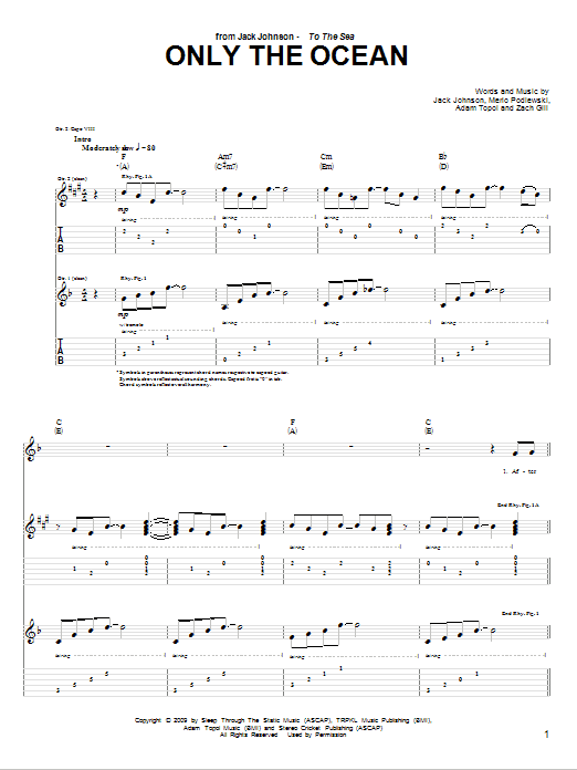 Jack Johnson Only The Ocean sheet music notes and chords arranged for Piano, Vocal & Guitar Chords (Right-Hand Melody)