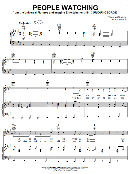 Jack Johnson People Watching sheet music notes and chords arranged for Piano, Vocal & Guitar Chords (Right-Hand Melody)