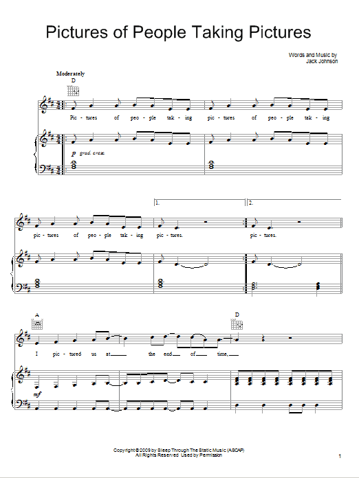 Jack Johnson Pictures Of People Taking Pictures sheet music notes and chords arranged for Piano, Vocal & Guitar Chords (Right-Hand Melody)