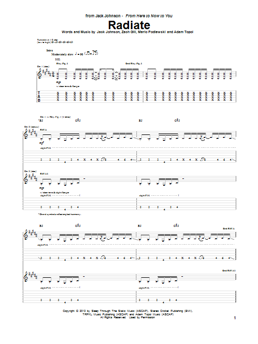 Jack Johnson Radiate sheet music notes and chords arranged for Guitar Tab