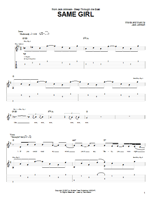 Jack Johnson Same Girl sheet music notes and chords arranged for Guitar Tab
