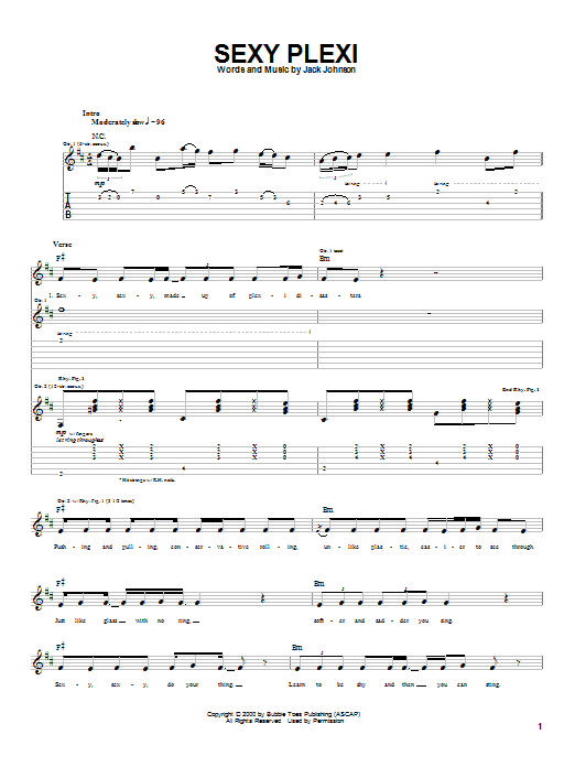 Jack Johnson Sexy Plexi sheet music notes and chords arranged for Guitar Chords/Lyrics