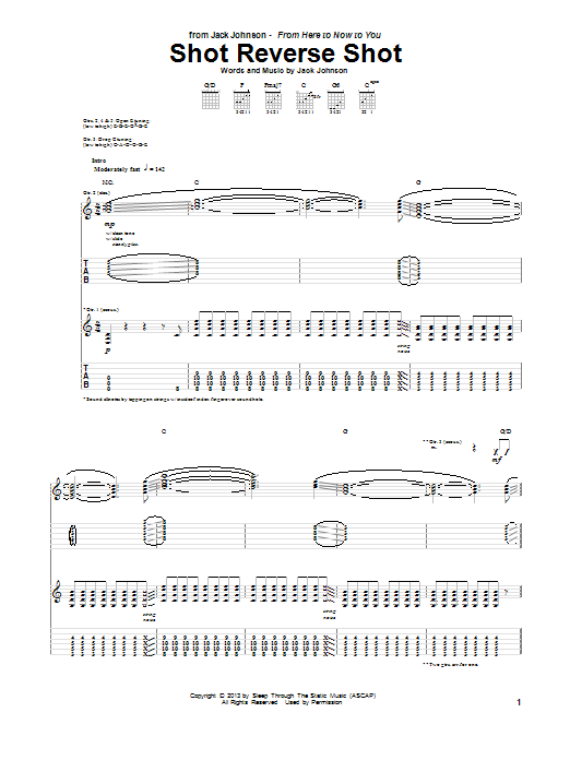 Jack Johnson Shot Reverse Shot sheet music notes and chords arranged for Guitar Tab