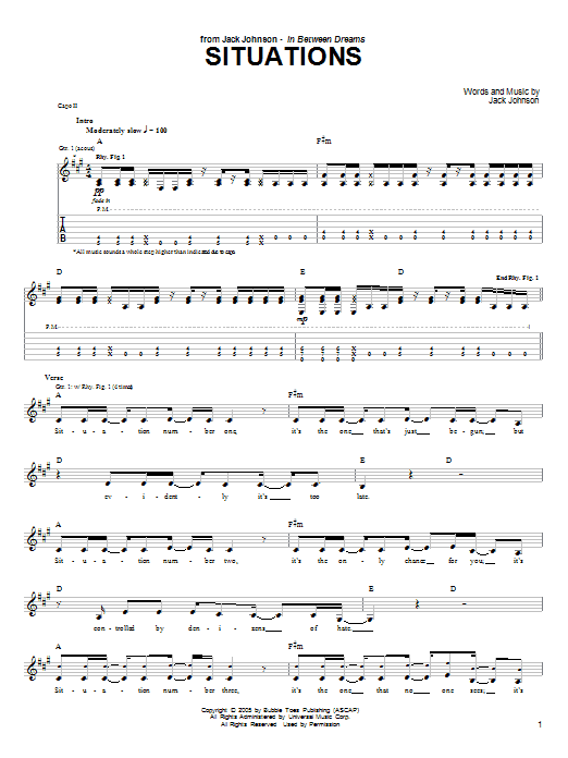 Jack Johnson Situations sheet music notes and chords arranged for Guitar Chords/Lyrics
