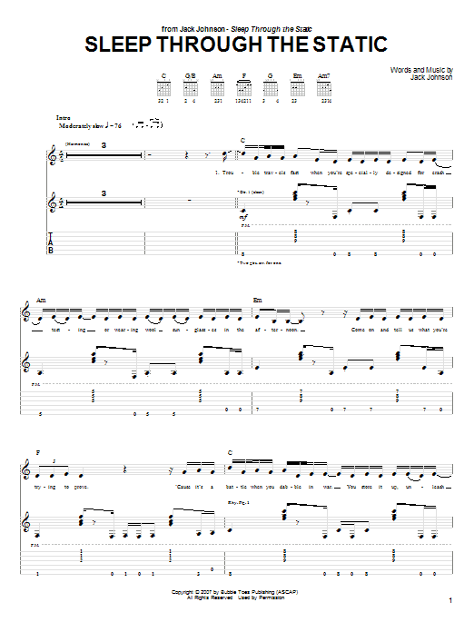 Jack Johnson Sleep Through The Static sheet music notes and chords arranged for Guitar Tab