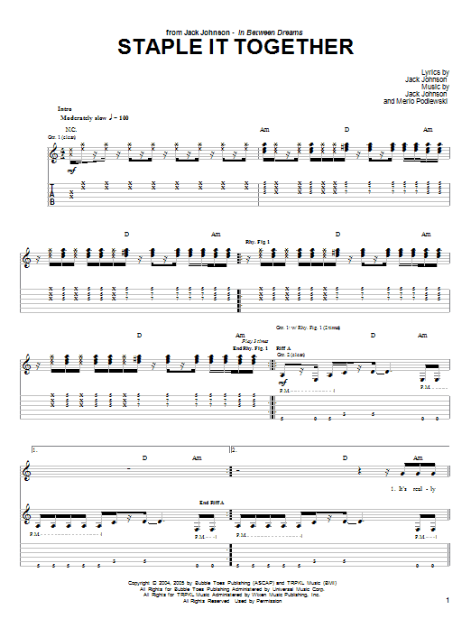 Jack Johnson Staple It Together sheet music notes and chords arranged for Piano, Vocal & Guitar Chords (Right-Hand Melody)