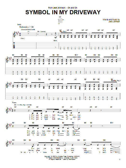 Jack Johnson Symbol In My Driveway sheet music notes and chords arranged for Guitar Chords/Lyrics