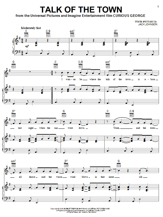 Jack Johnson Talk Of The Town sheet music notes and chords arranged for Guitar Tab
