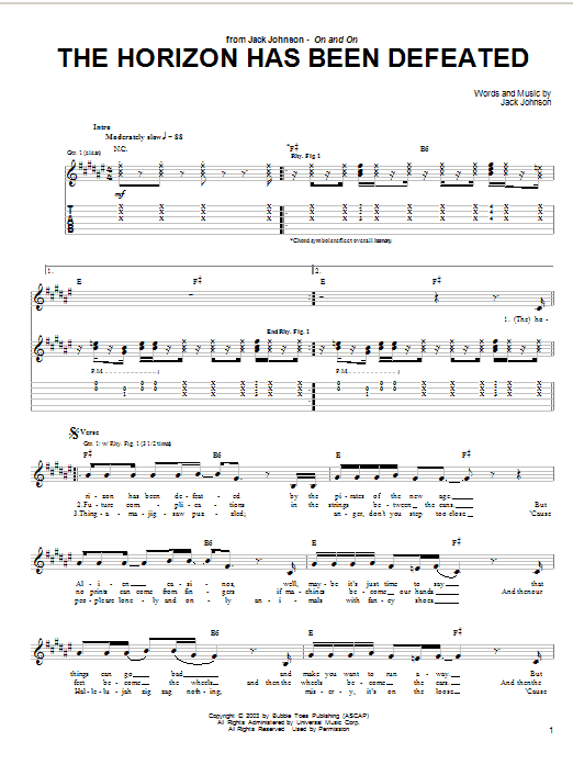 Jack Johnson The Horizon Has Been Defeated sheet music notes and chords arranged for Guitar Tab