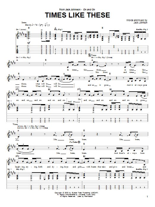 Jack Johnson Times Like These sheet music notes and chords arranged for Guitar Chords/Lyrics