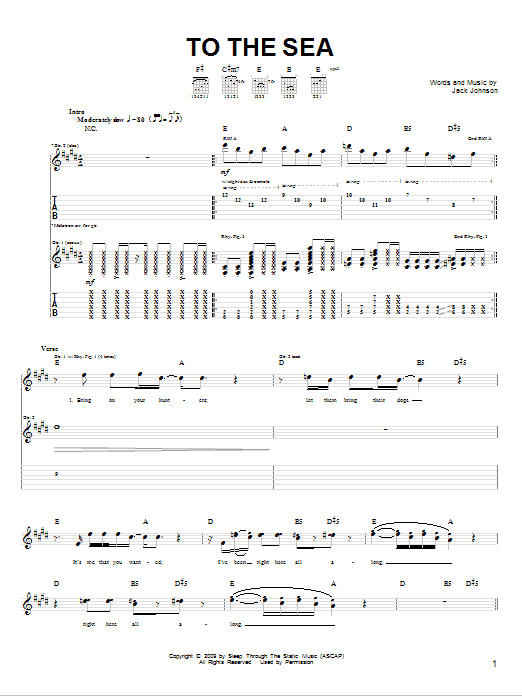 Jack Johnson To The Sea sheet music notes and chords arranged for Guitar Tab