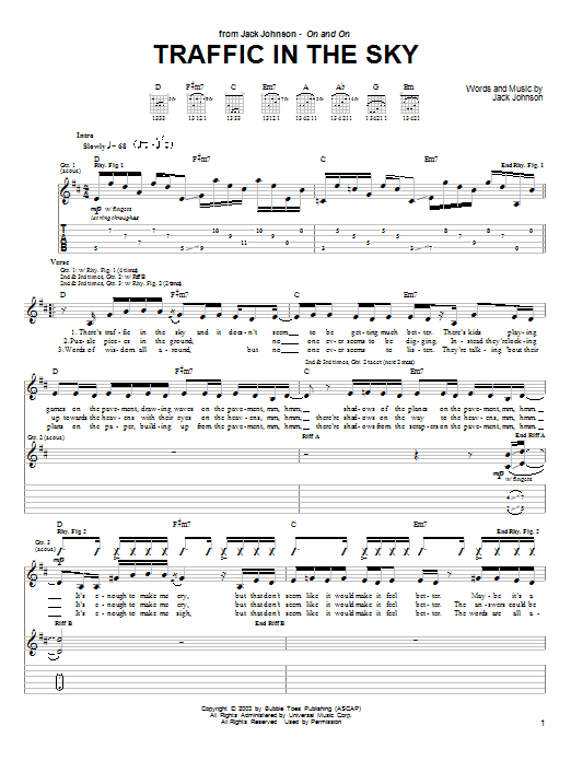 Jack Johnson Traffic In The Sky sheet music notes and chords arranged for Guitar Tab