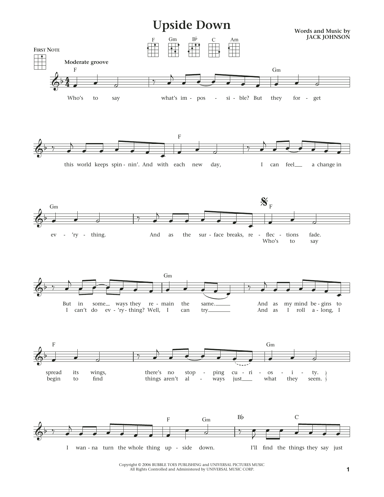 Jack Johnson Upside Down (from The Daily Ukulele) (arr. Liz and Jim Beloff) sheet music notes and chords arranged for Ukulele