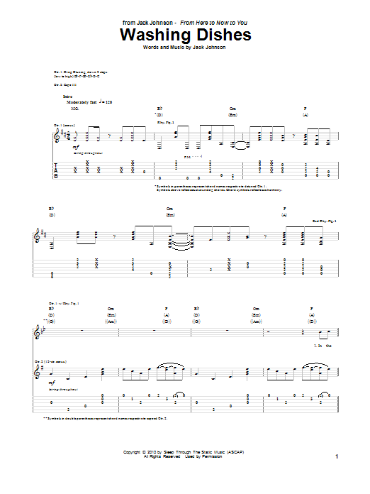 Jack Johnson Washing Dishes sheet music notes and chords arranged for Guitar Tab