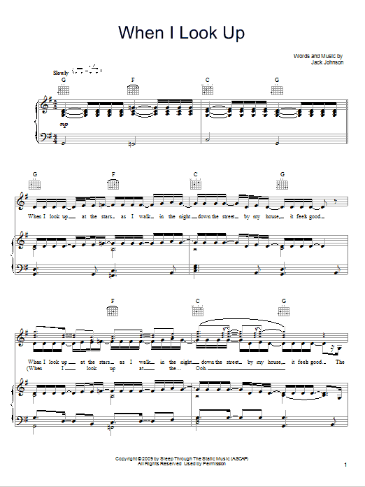 Jack Johnson When I Look Up sheet music notes and chords arranged for Piano, Vocal & Guitar Chords (Right-Hand Melody)