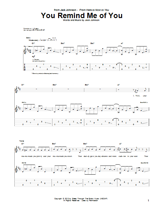 Jack Johnson You Remind Me Of You sheet music notes and chords arranged for Guitar Tab