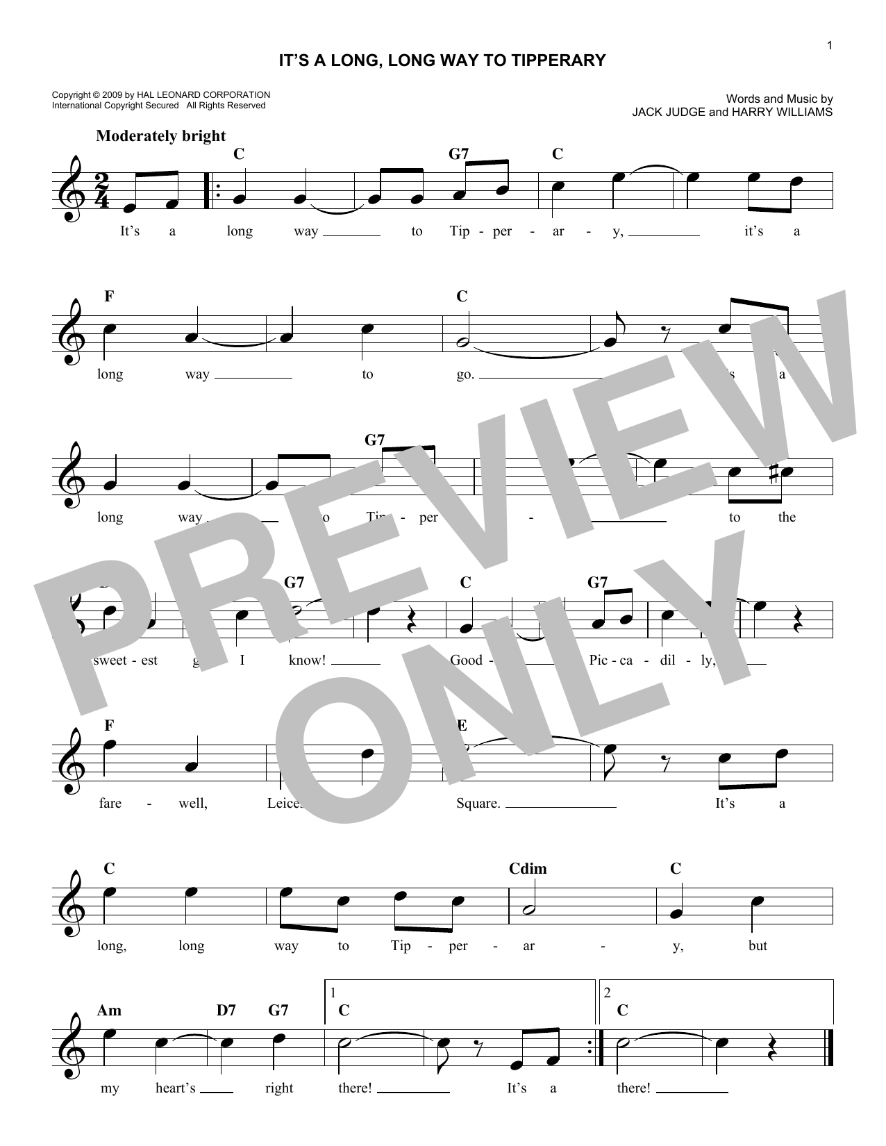 Jack Judge It's A Long, Long Way To Tipperary sheet music notes and chords arranged for Piano, Vocal & Guitar Chords (Right-Hand Melody)