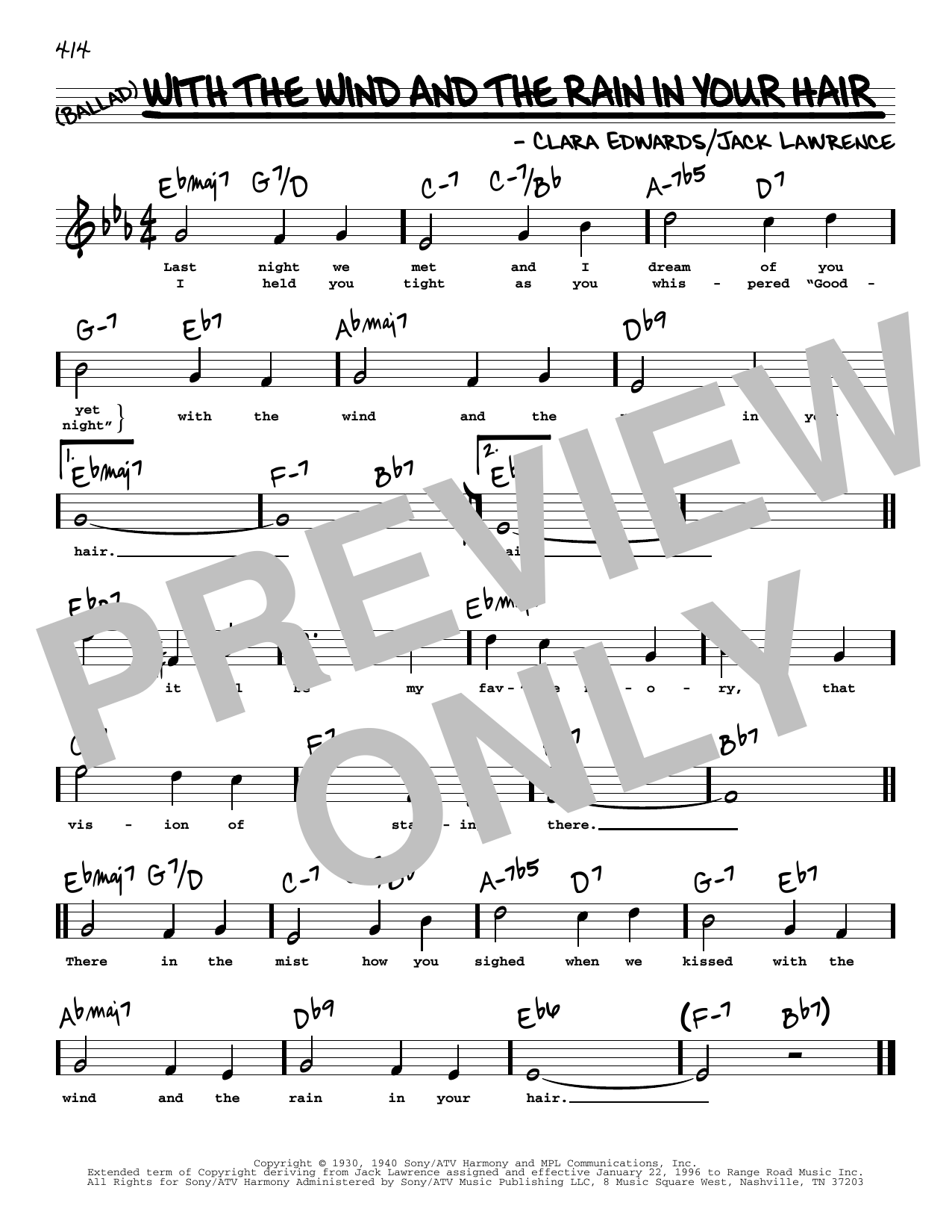 Jack Lawrence and Clara Edwards With The Wind And The Rain In Your Hair (High Voice) sheet music notes and chords arranged for Real Book – Melody, Lyrics & Chords