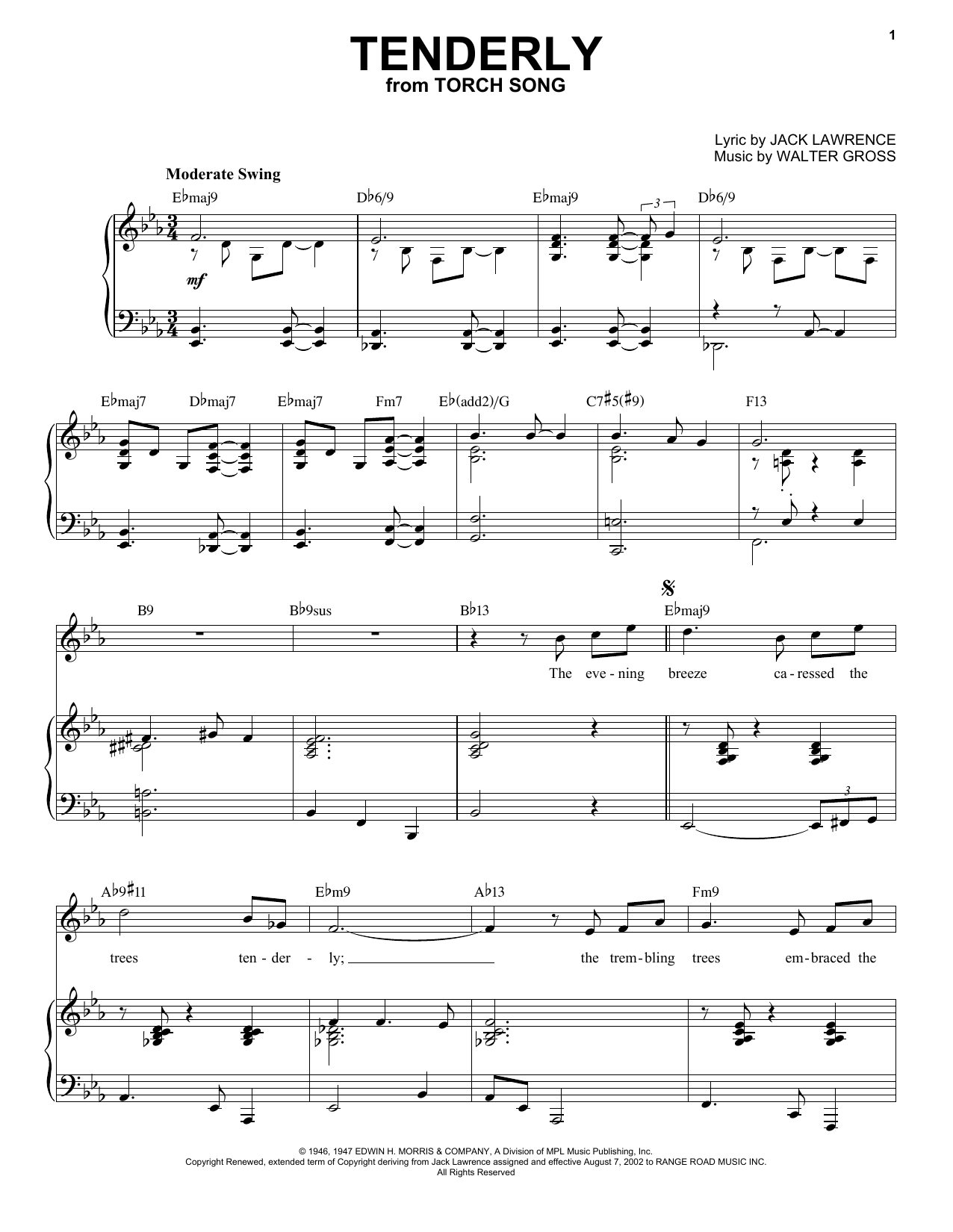 Jack Lawrence and Walter Gross Tenderly [Jazz version] (arr. Brent Edstrom) sheet music notes and chords arranged for Piano & Vocal